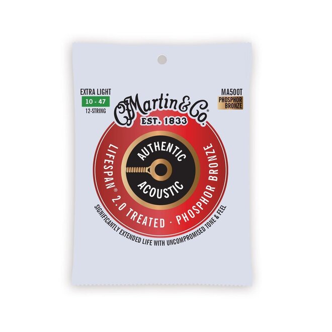 Martin MA500T Authentic Acoustic Lifespan 2.0 Treated 92/8 Phosphor Bronze Guitar Strings, 10-47 Extra Light, 12-String