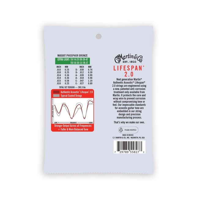 Martin MA500T Authentic Acoustic Lifespan 2.0 Treated 92/8 Phosphor Bronze Guitar Strings, 10-47 Extra Light, 12-String