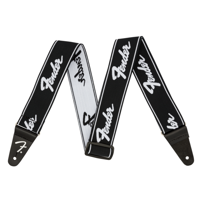 Fender 2" WeighLess Running Logo Guitar Strap, Black/White