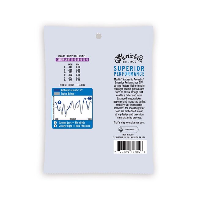 Martin MA535 Authentic Acoustic Superior Performance 92/8 Phosphor Bronze Guitar Strings, 11-52 Custom Light