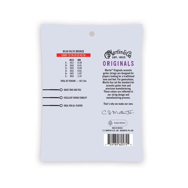 Martin M140 Original 80/20 Bronze Acoustic Guitar Strings, 12-54 Light