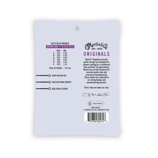 Martin M175 Original 80/20 Bronze Acoustic Guitar Strings, 11-52 Custom Light