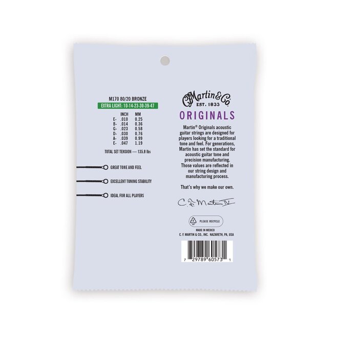 Martin M170 Original 80/20 Bronze Acoustic Guitar Strings, 10-47 Extra Light
