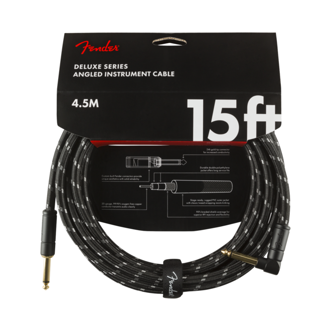 Fender Deluxe Series Instrument Cable, Black Tweed, Right-Angle, 15’