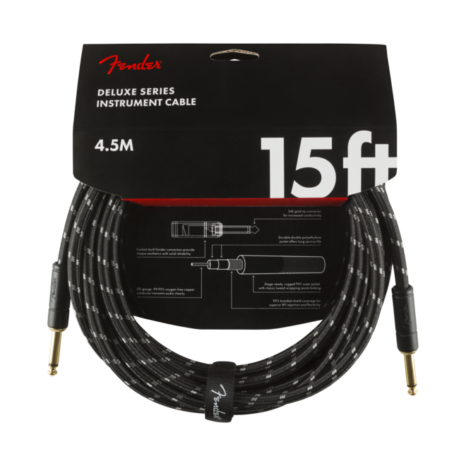 Fender Deluxe Series Instrument Cable, Black Tweed, Straight/Straight, 15’