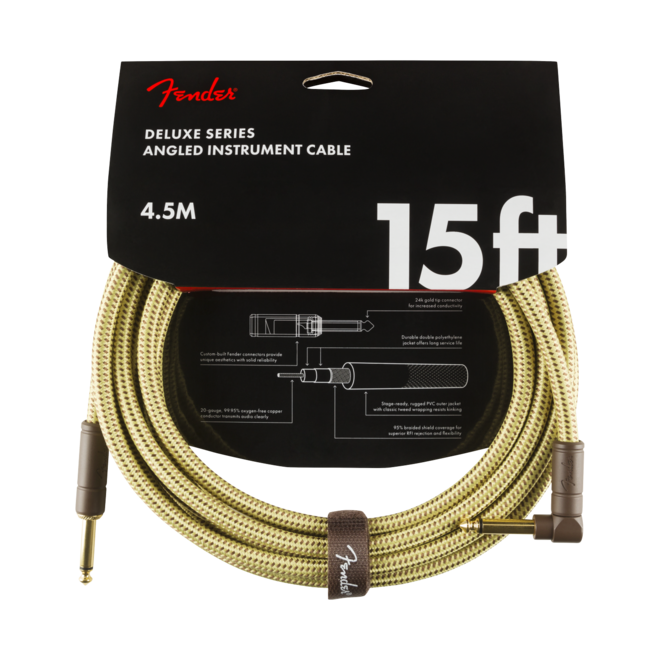 Fender Deluxe Series Instrument Cable, Tweed, Straight/Right Angle, 15’