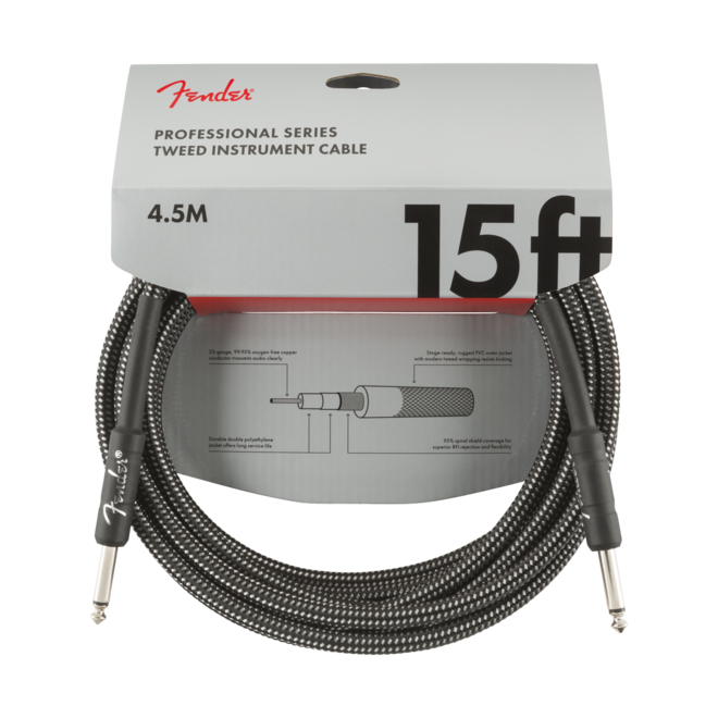 Fender Professional Series Instrument Cable, Gray Tweed, Straight/Straight, 15’