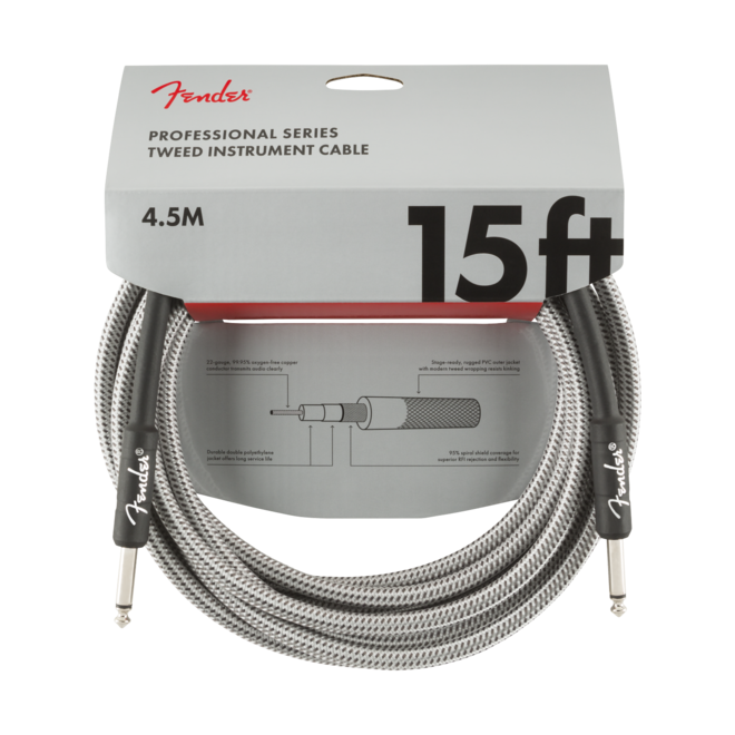 Fender Professional Series Instrument Cable, White Tweed, Straight/Straight, 15’