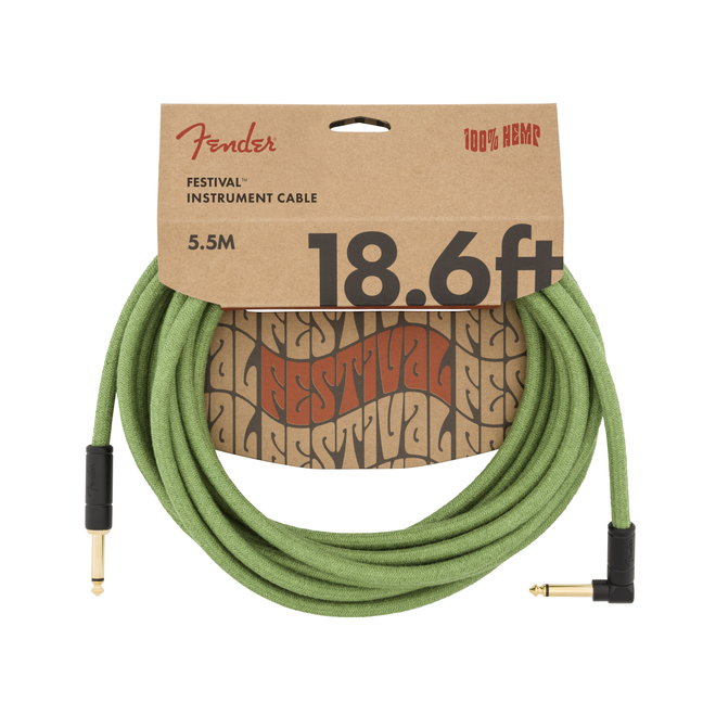 Fender Festival Instrument Cable, Pure Hemp, Green, Right-Angle, 18.6'