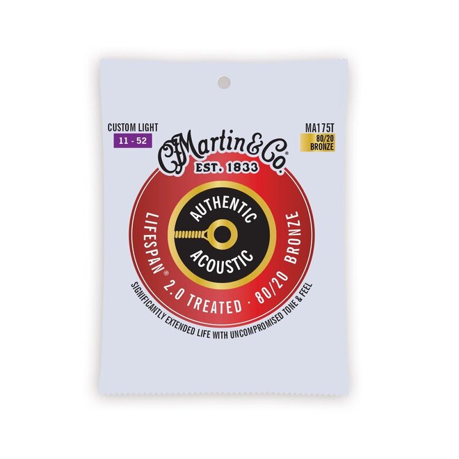 Martin MA150T Authentic Acoustic Lifespan 2.0 Treated 80/20 Bronze Guitar Strings, 13-56 Medium