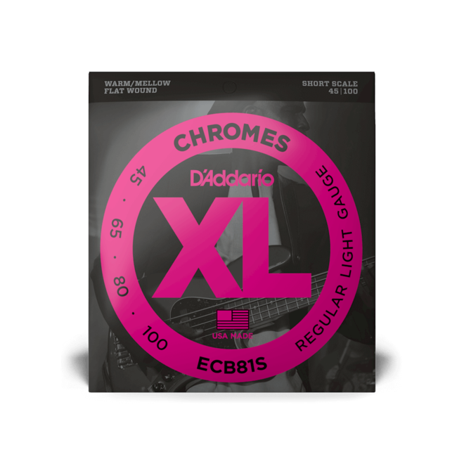 D'Addario ECB81S XL Chromes Flatwound Bass Guitar Strings, 45-100 Regular Light, Short Scale