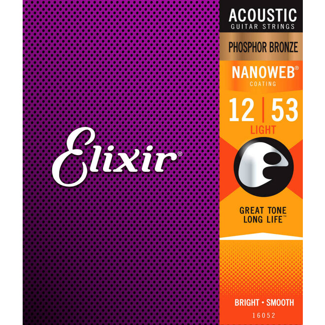 Elixir 16052 Nanoweb Phosphor Bronze Acoustic Guitar Strings, 12-53 Light