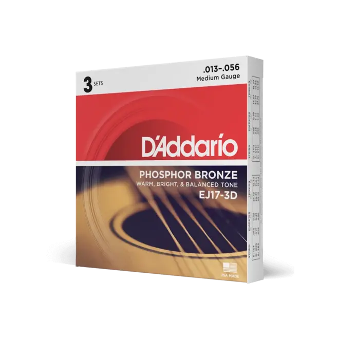 D'Addario EJ17 Phosphor Bronze Acoustic Guitar Strings, 13-56 Medium (3 Pack)