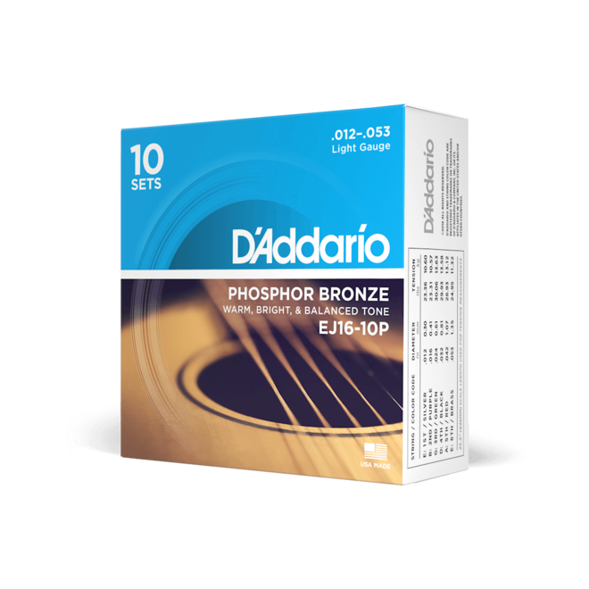 D'Addario EJ16 Phosphor Bronze Acoustic Guitar Strings, 12-53 Light (10 Pack)