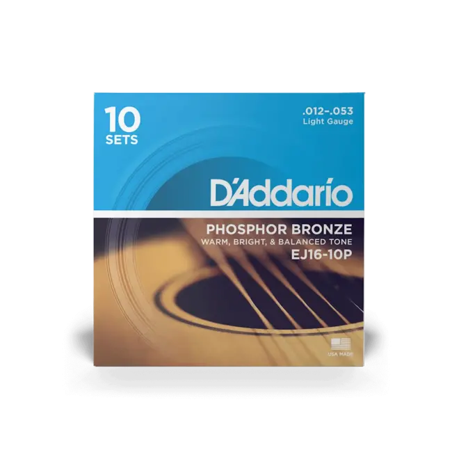 D'Addario EJ16 Phosphor Bronze Acoustic Guitar Strings, 12-53 Light (10 Pack)