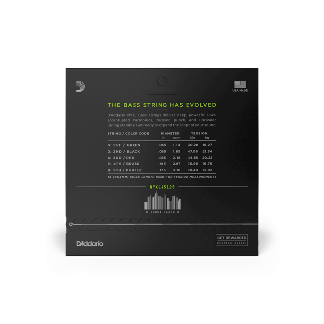 D'Addario NYXL Nickel Wound Bass Guitar Strings, 5-String, 45-125 Light Top Medium Bottom, Long Scale