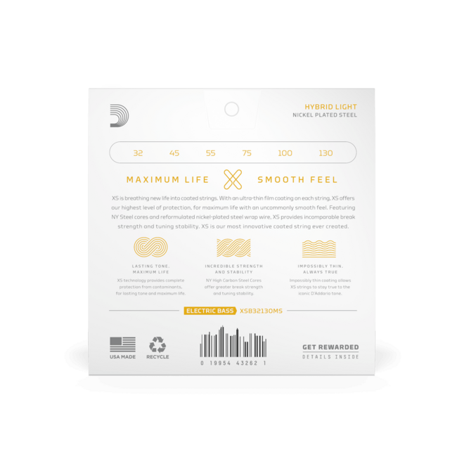 D'Addario XS Nickel Coated Bass Guitar Strings, 6-String, 32-130 Hybrid Light, Multi-Scale