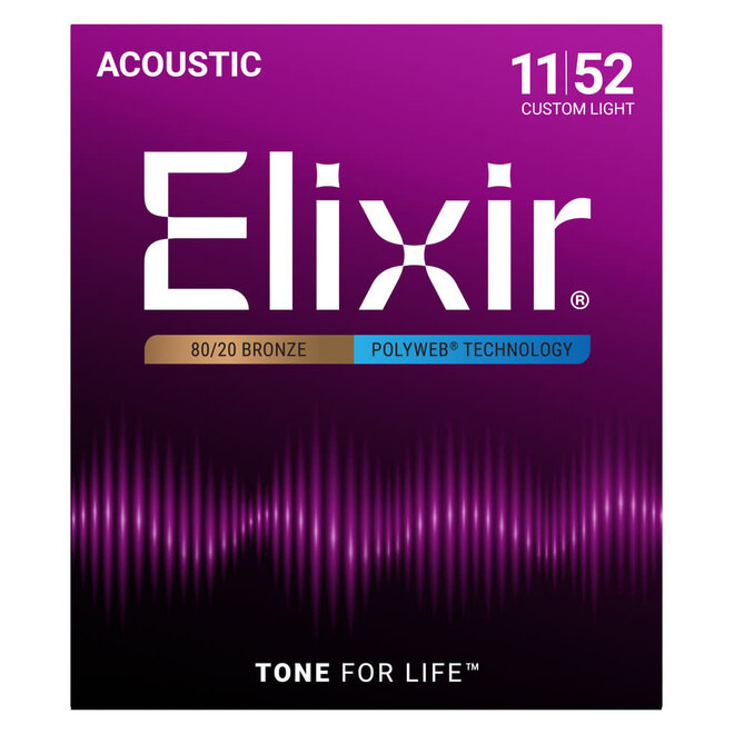 Elixir 11025 Polyweb 80/20 Bronze Acoustic Guitar Strings, 11-52 Custom Light