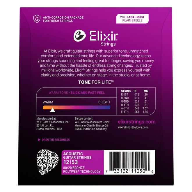 Elixir 11050 Polyweb 80/20 Bronze Acoustic Guitar Strings, 12-53 Light