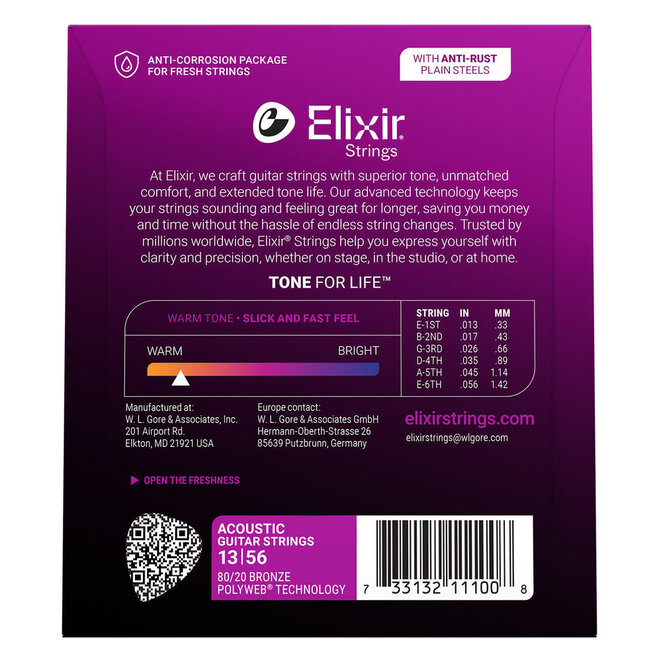 Elixir 11100 Polyweb 80/20 Bronze Acoustic Guitar Strings, 13-56 Medium