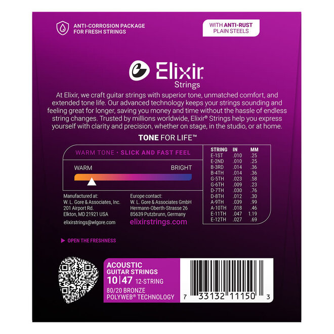 Elixir 11150 Polyweb 80/20 Bronze Acoustic Guitar Strings, 12-String, 10-47 Light