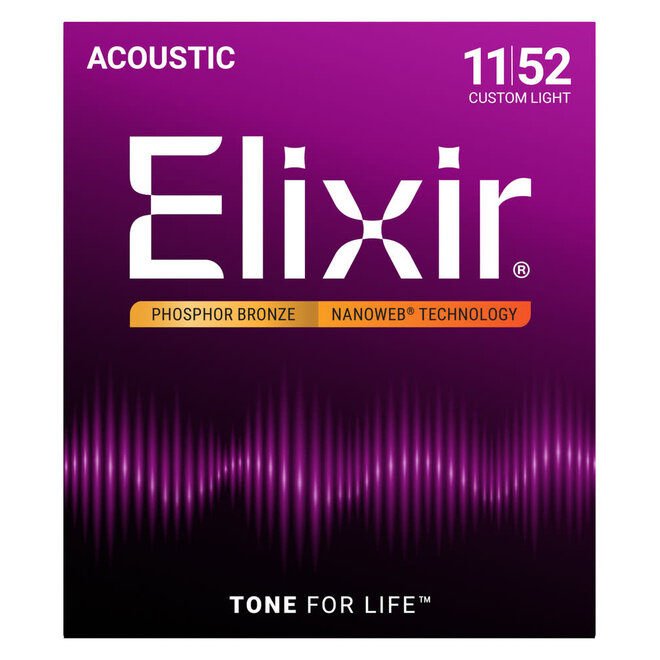 Elixir 16027 Nanoweb Phosphor Bronze Acoustic Guitar Strings, 11-52 Custom Light