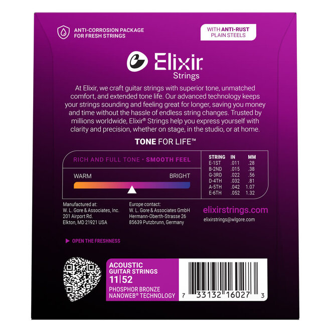 Elixir 16027 Nanoweb Phosphor Bronze Acoustic Guitar Strings, 11-52 Custom Light