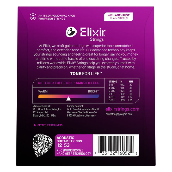 Elixir 16052 Nanoweb Phosphor Bronze Acoustic Guitar Strings, 12-53 Light