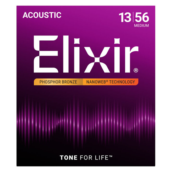 Elixir 16102 Nanoweb Phosphor Bronze Acoustic Guitar Strings, 13-56 Medium