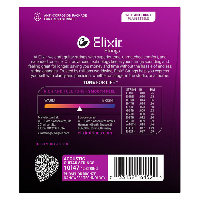 Elixir 16152 Nanoweb Phosphor Bronze Acoustic Guitar Strings, 12-String, 10-47 Light