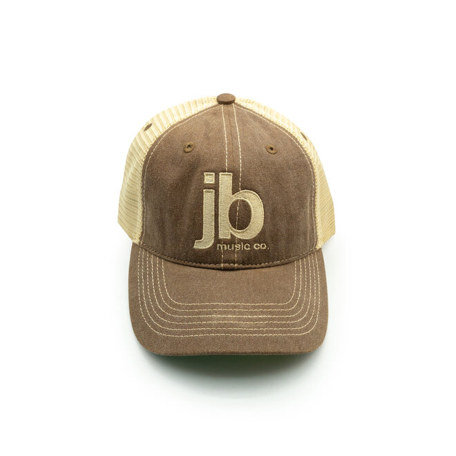 JB Music Co. Mesh Back Vintage Trucker Hat, Embroidered Original Logo, Brown