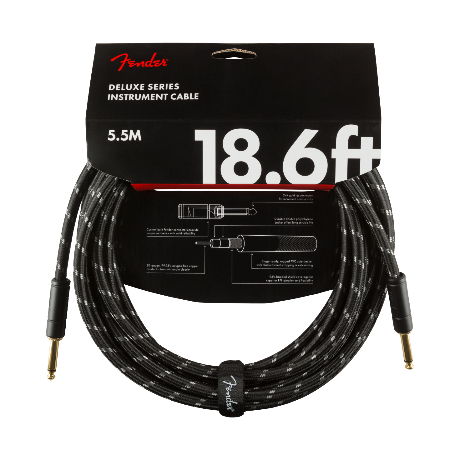 Fender Deluxe Series Instrument Cable, Black Tweed, 18.6’