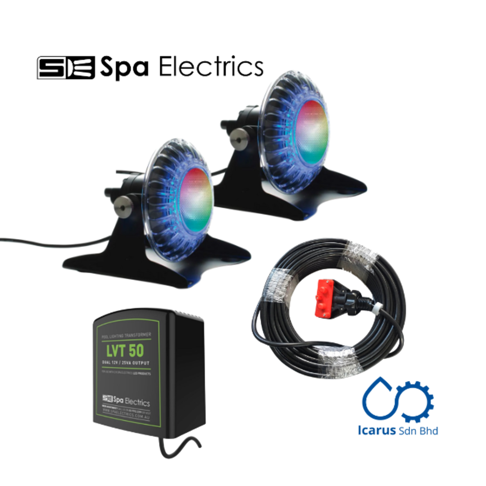 Spa Electrics EMP 2x Pond LED Light Multi Plus, Mounting Kit, 20m Cable, Dual Transformer LV50