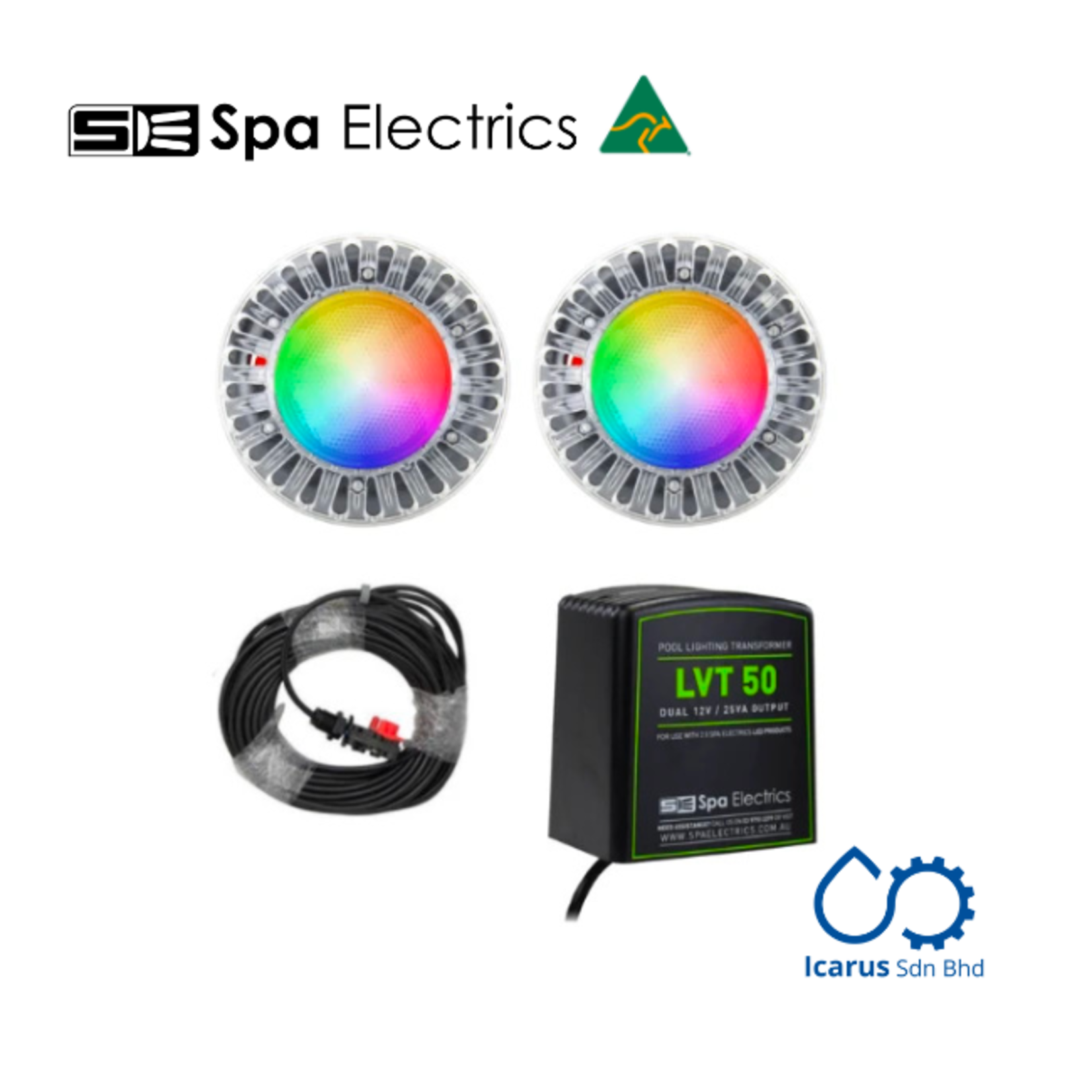 Spa Electrics ATOM EMC 2x Multi PLUS LED Light, Concrete Mounting Kit, 20m Cable,  Dual LV50 Transformer
