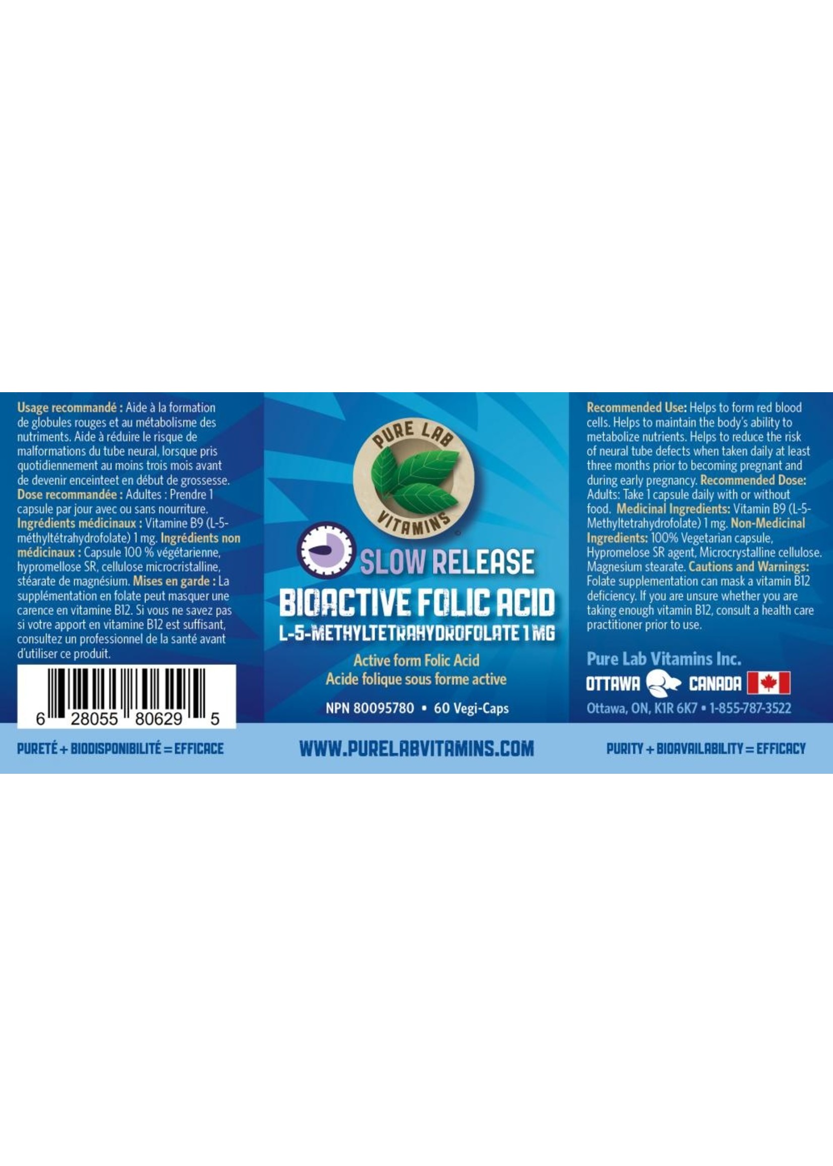 Pure lab Pure Lab Vitamins Bioactive Folic Acid 1mg Slow Release 60 Veg Capsules