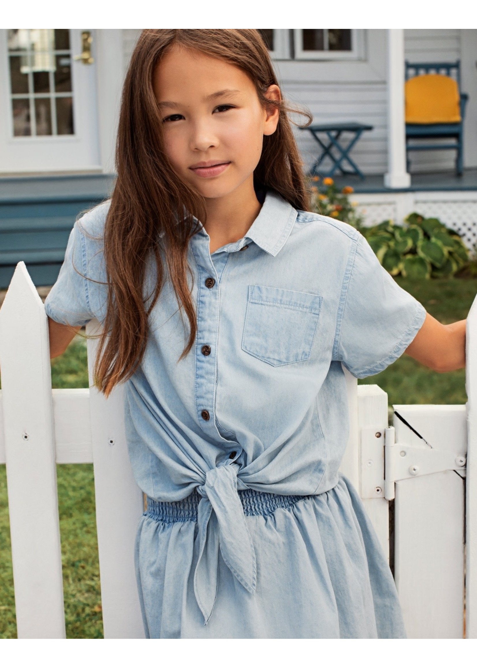 Miles the Label Miles the Label, Chambray Girl's Front-Knot Shirt