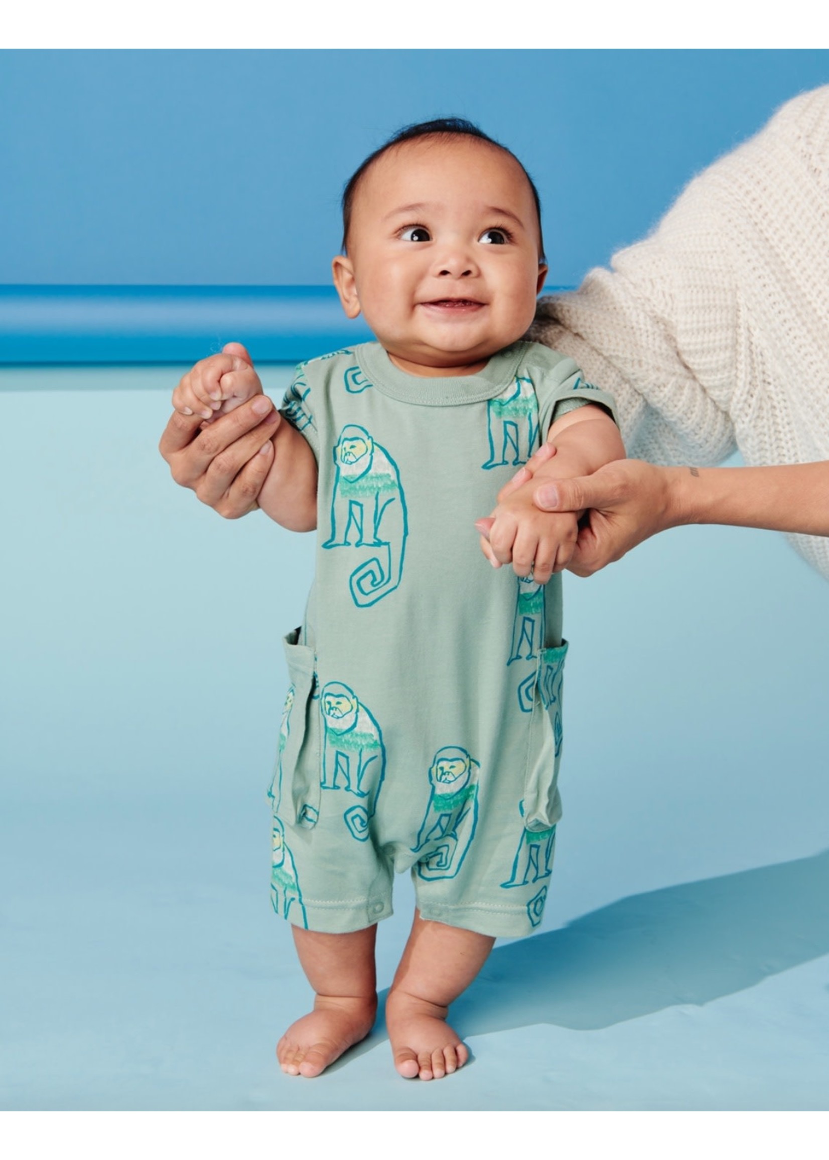 Tea Collection Tea Collection, Cochins Monkeys Cargo Pocket Baby Romper in Green