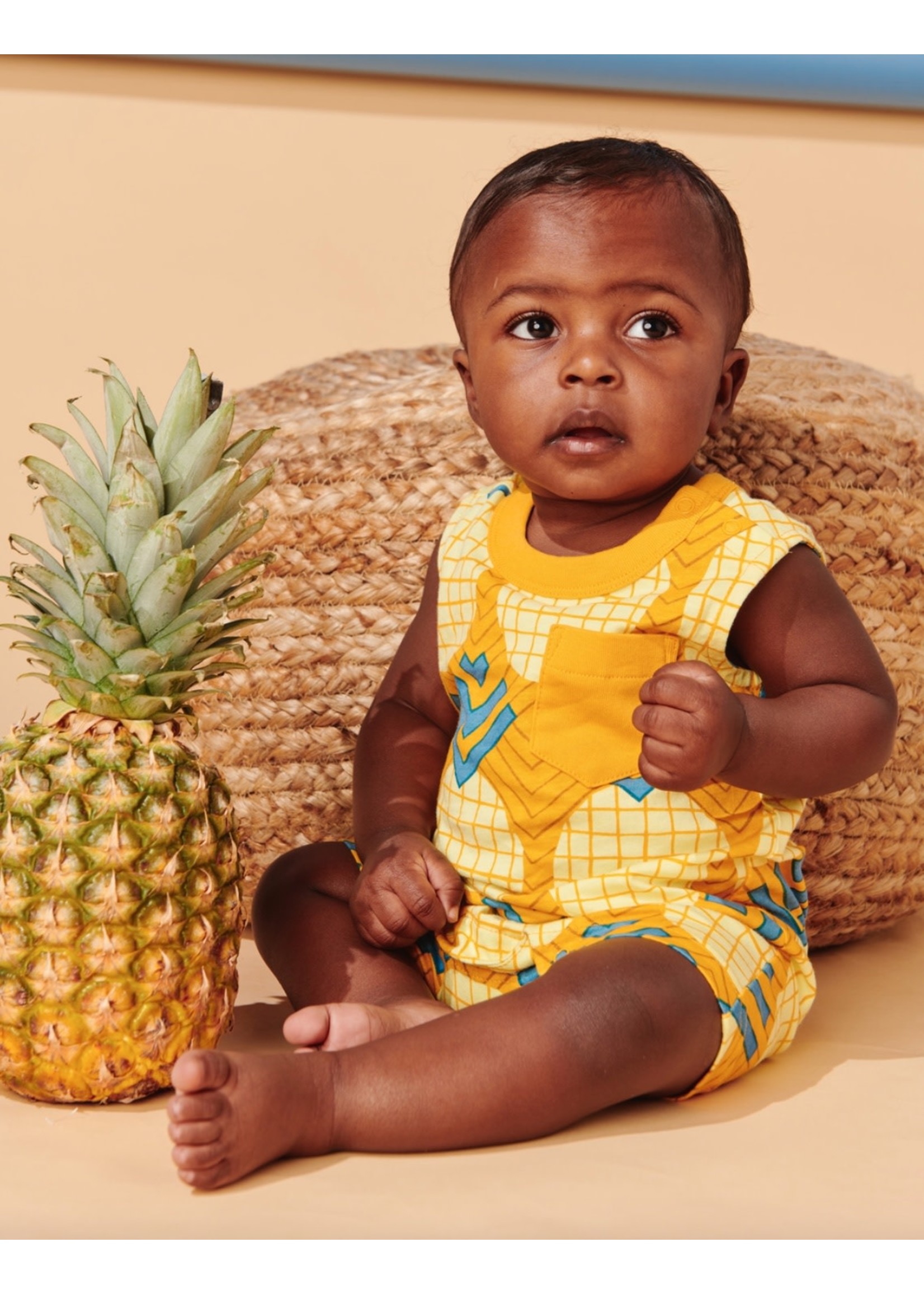 Tea Collection Tea Collection, Wax Print Pineapple Pocket Tank Baby Romper in Gold