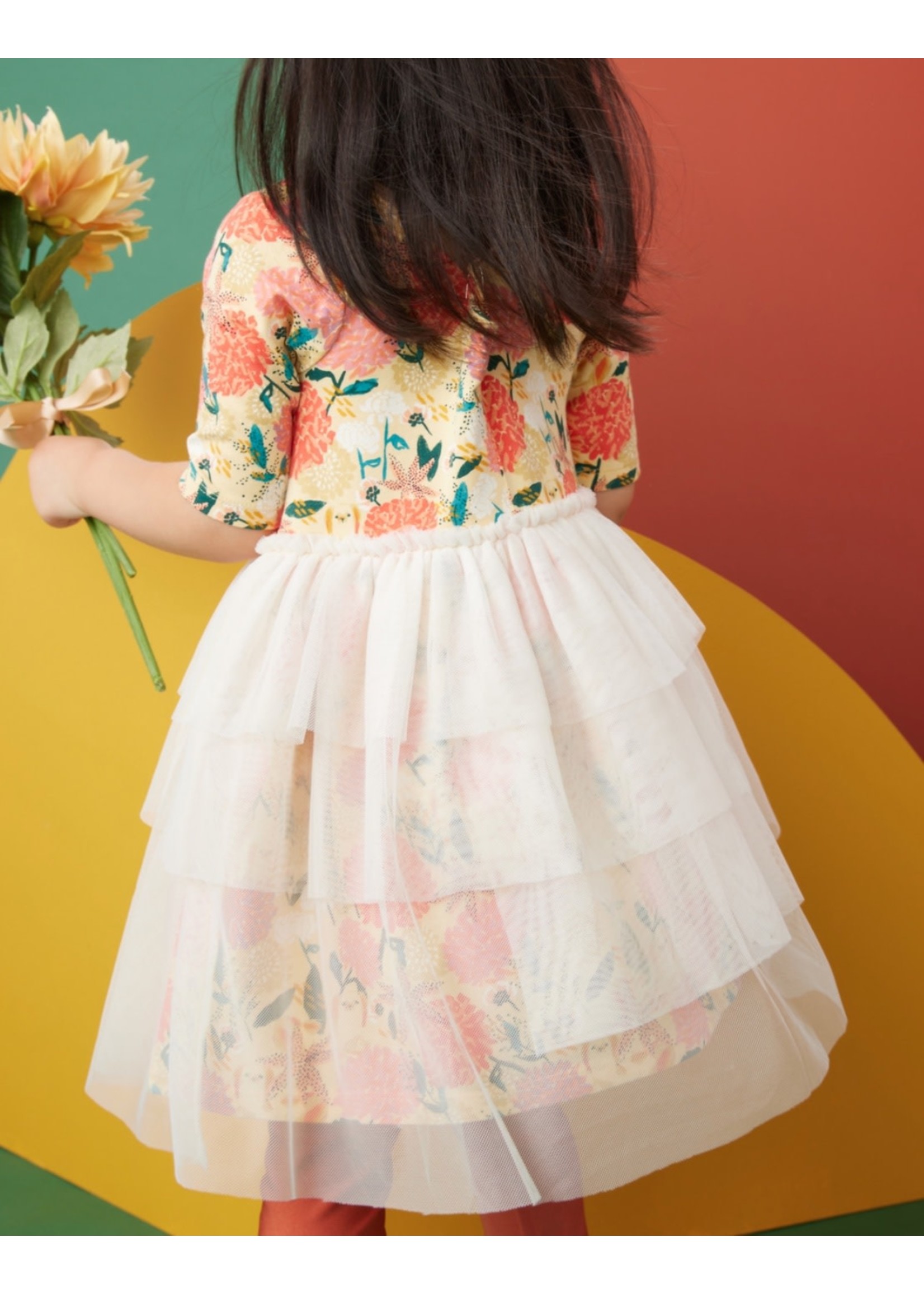 Tea Collection Tea Collection, Japanese Chin Pup Floral Pink Layered Tulle Midi Dress