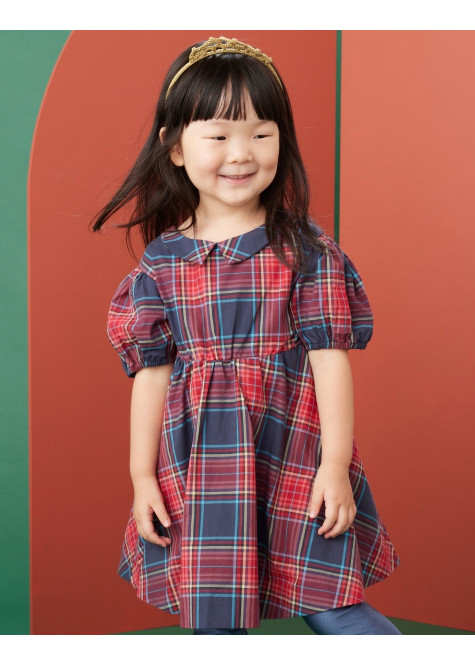 Tea Collection Tea Collection, Matsuri Plaid in Red Puff Sleeve Collar Dress