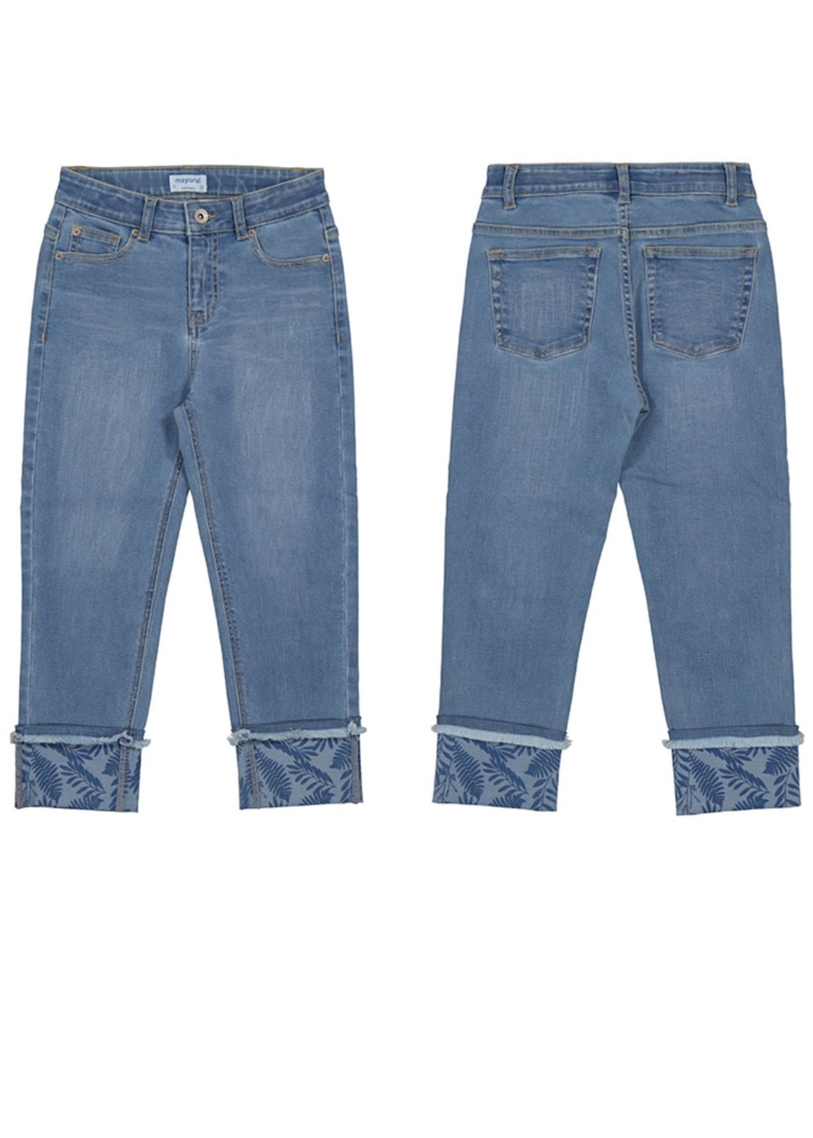 Mayoral Mayoral, Light Denim Cropped Pants with Palm Print Cuffs