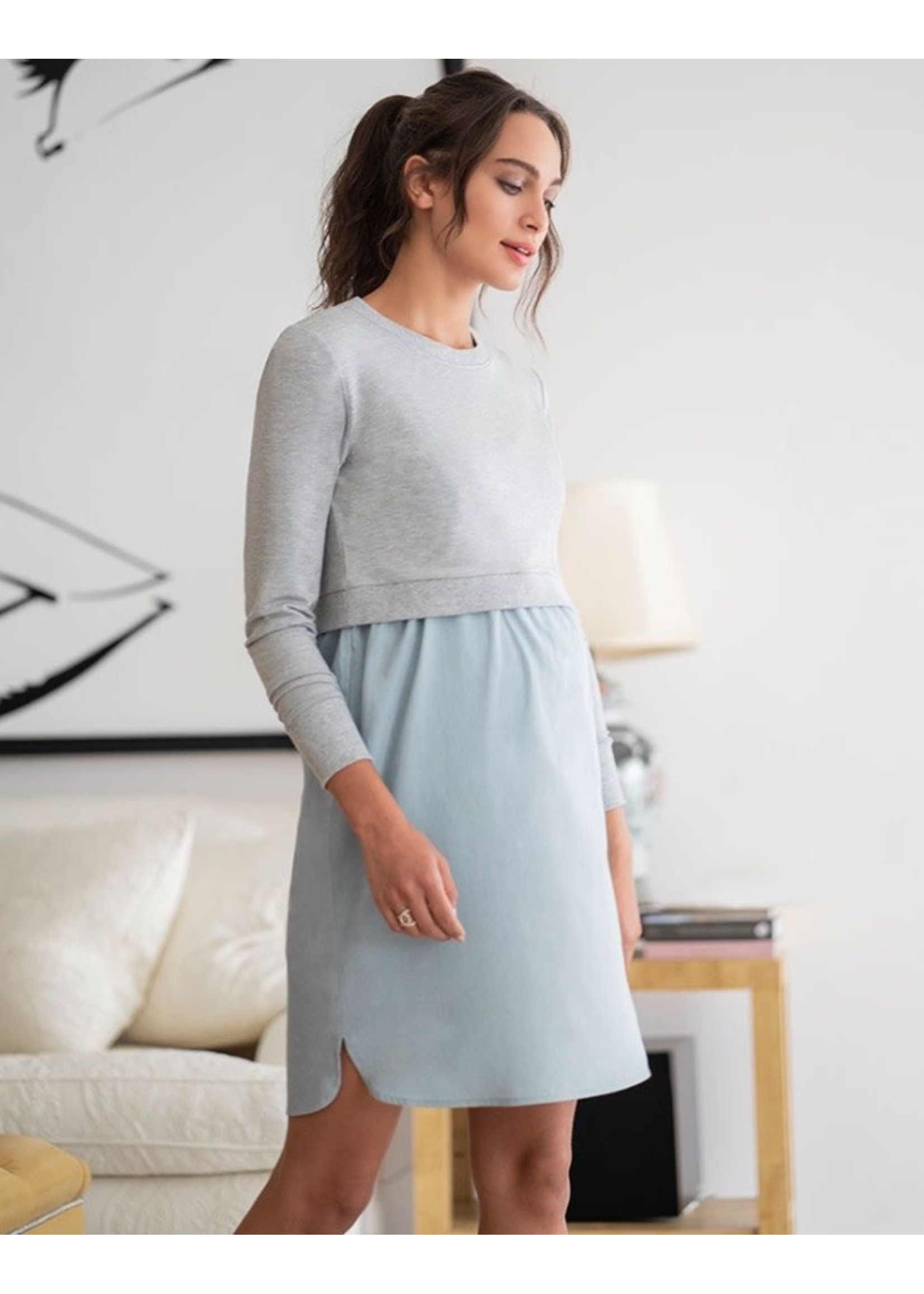 Seraphine, Cedar, Cotton Maternity & Nursing Dress with Sweatshirt Top -  Steveston Village Maternity