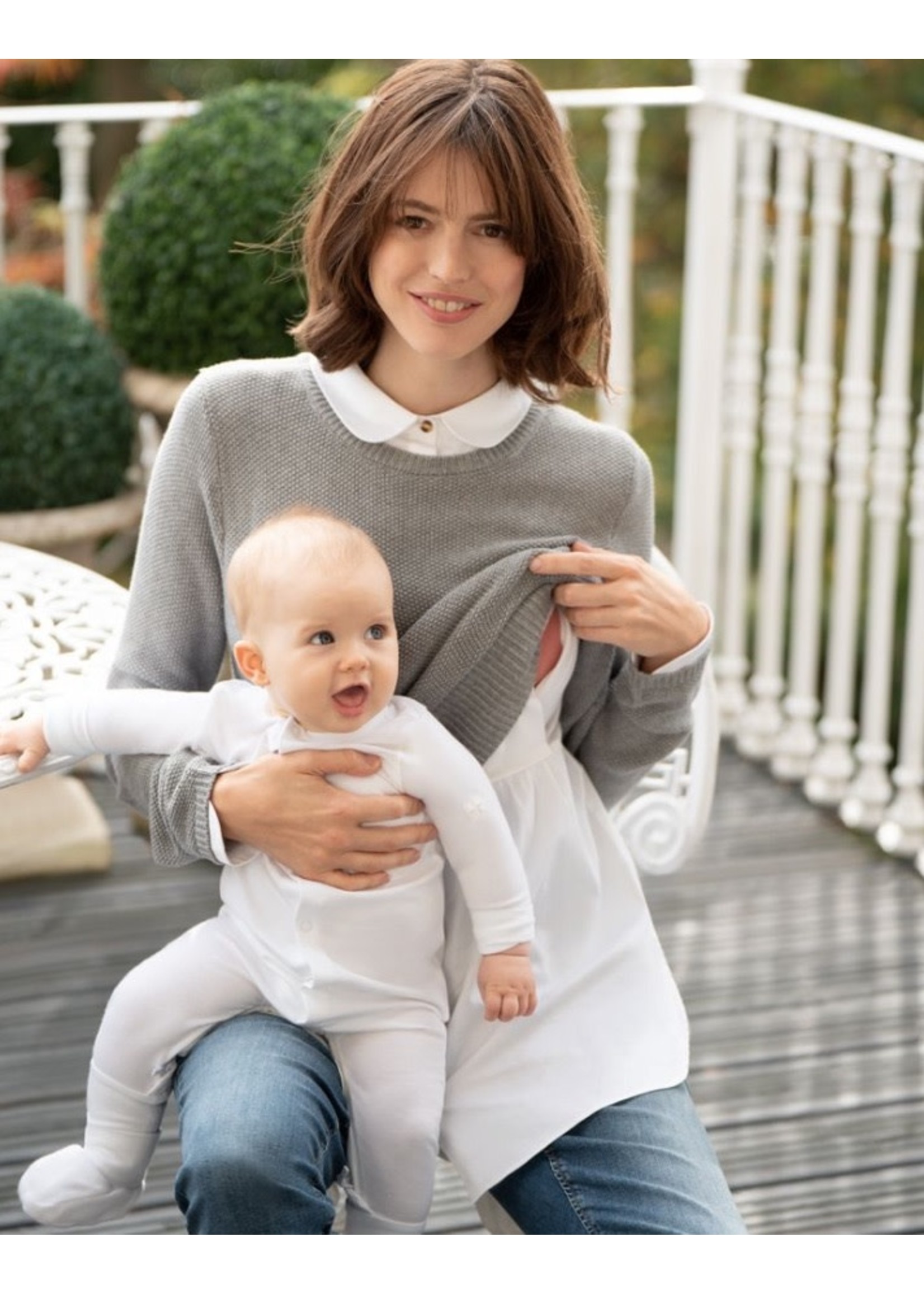 Seraphine Seraphine, Marianne, Grey & White Mock Shirt Cotton Mix Maternity & Nursing Sweater