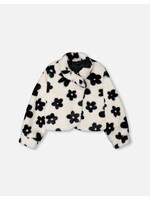 Deux Par Deux Deux Par Deux, Faux Fur Jacket || Off White With Black Flower Pattern