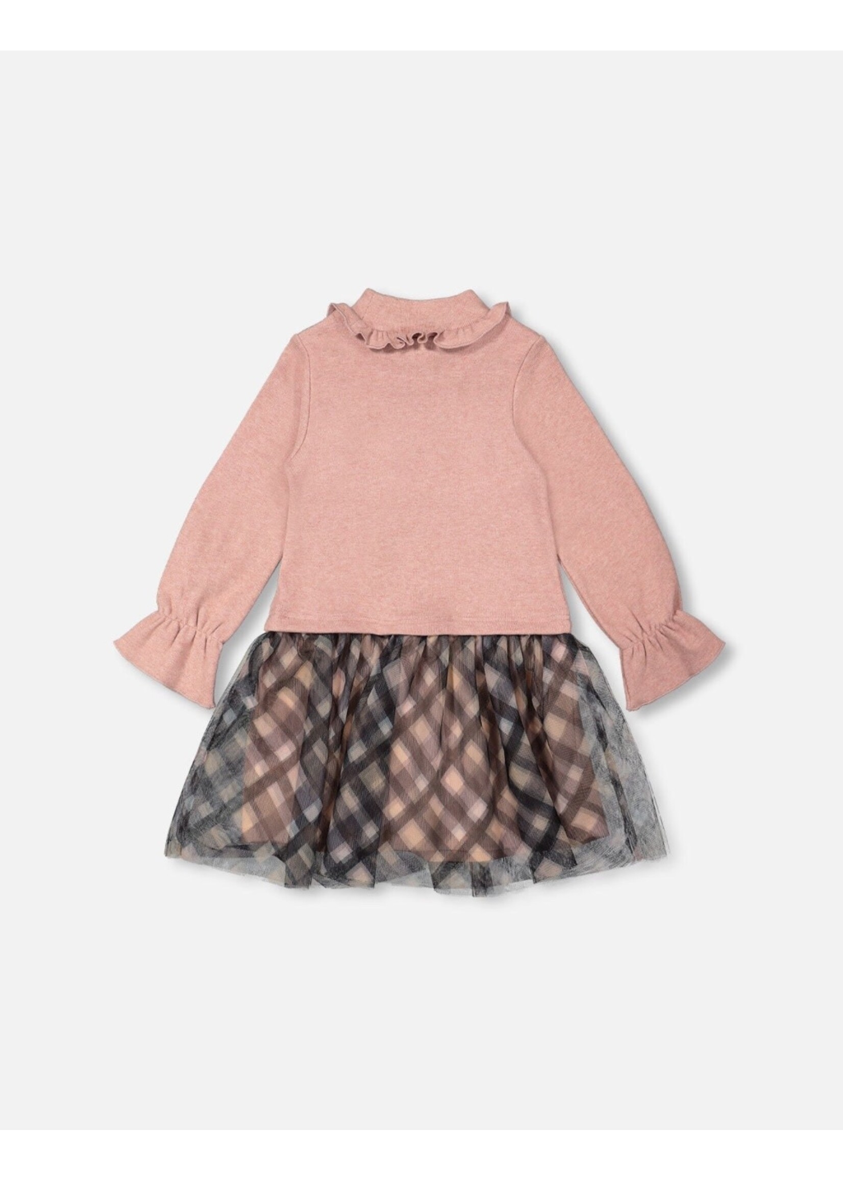 Deux Par Deux Deux Par Deux, Bi-Material Mock Neck Dress With Long Puffy Sleeves || Pink Stylish Plaid