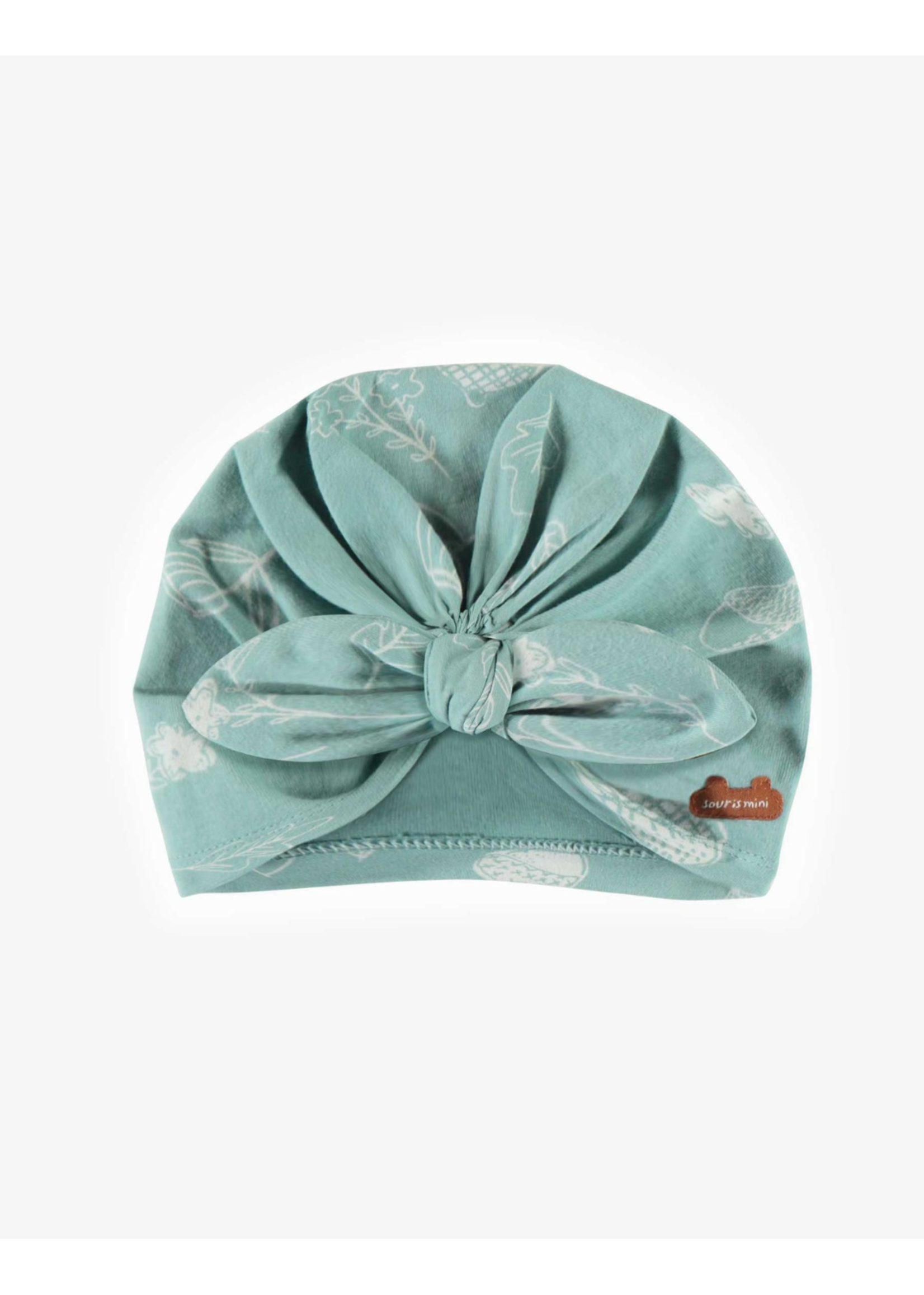 Souris Mini Souris Mini, Hazelnut Print Jersey Bow Hat || Light Turquois