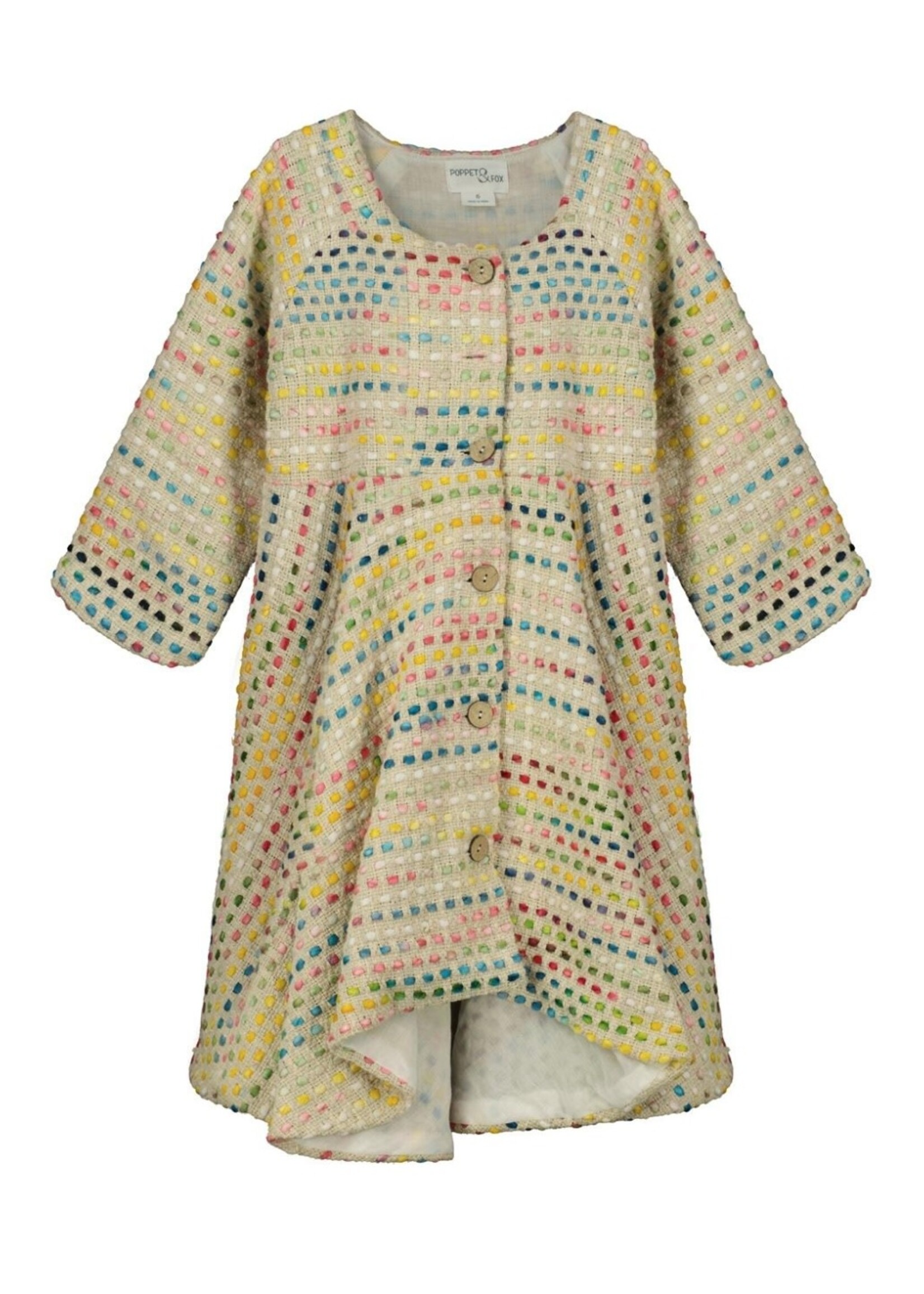 Poppet & Fox Poppet & Fox, Opera Coat Dress || Oatmeal Dobby with Chunky Pink, Yellow, Avocado Green and Light Blue Yarn Stripes
