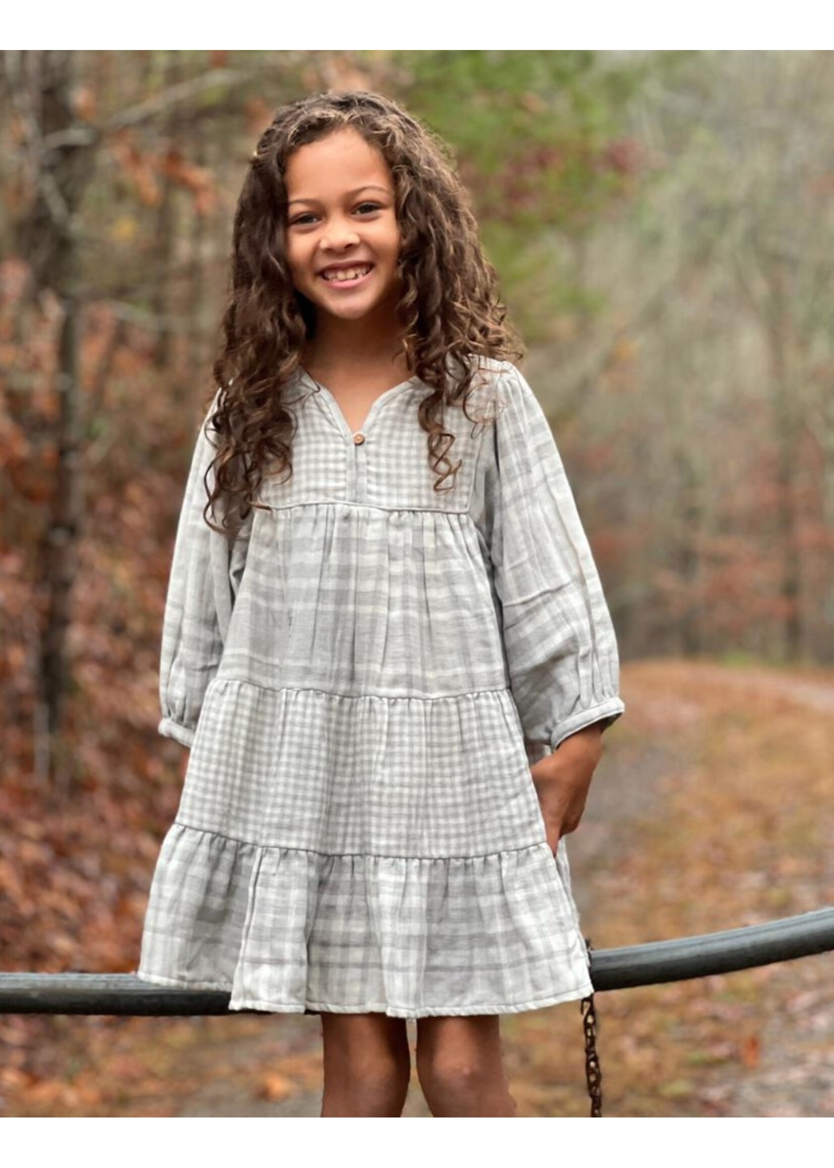 Poppet & Fox Poppet & Fox, Tiered Dress || Cream Reversible Gauze - Large Grey Plaid Side