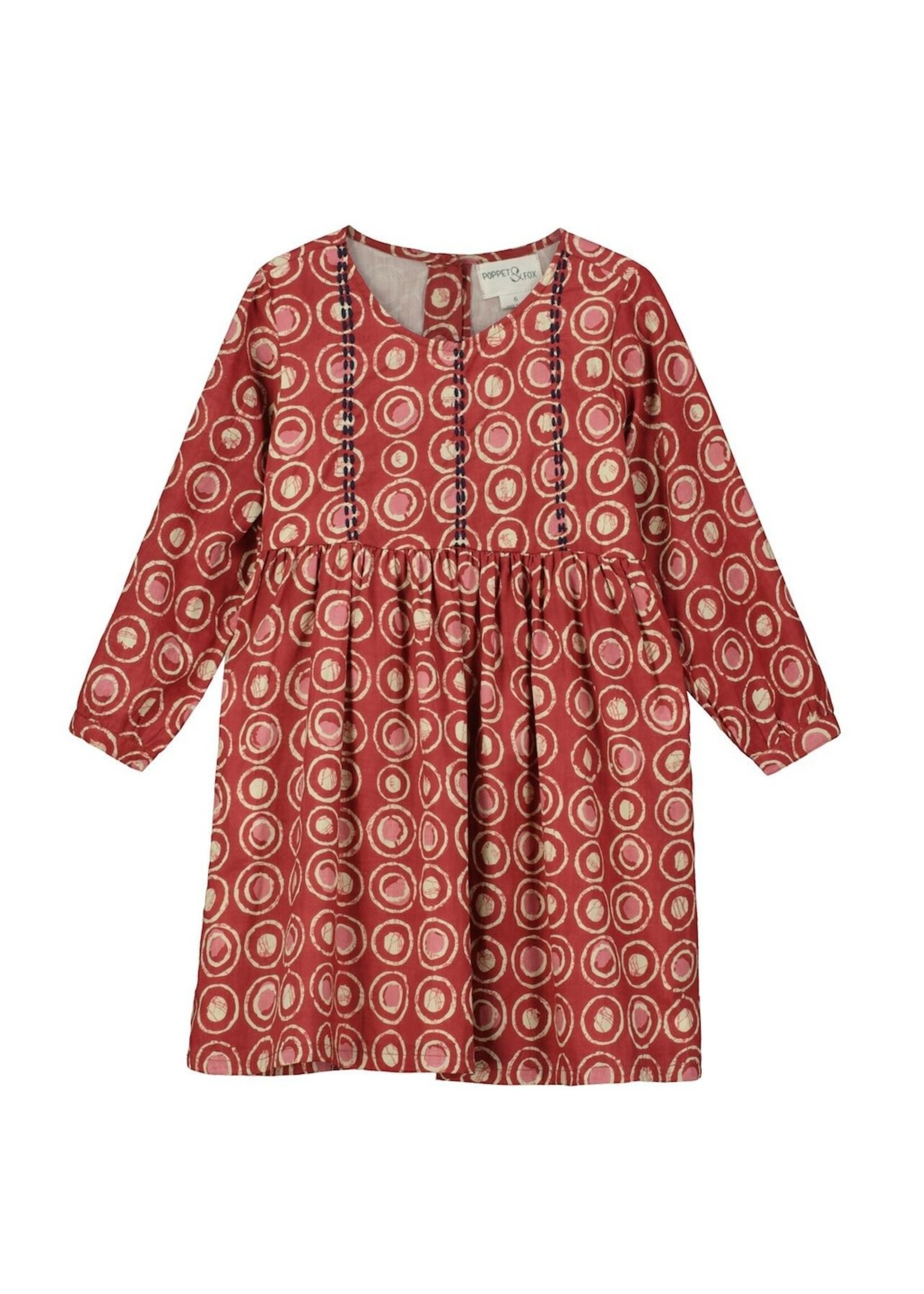 Poppet & Fox Poppet & Fox, Embroidered Day Dress || Red with Block Print Concentric Circles