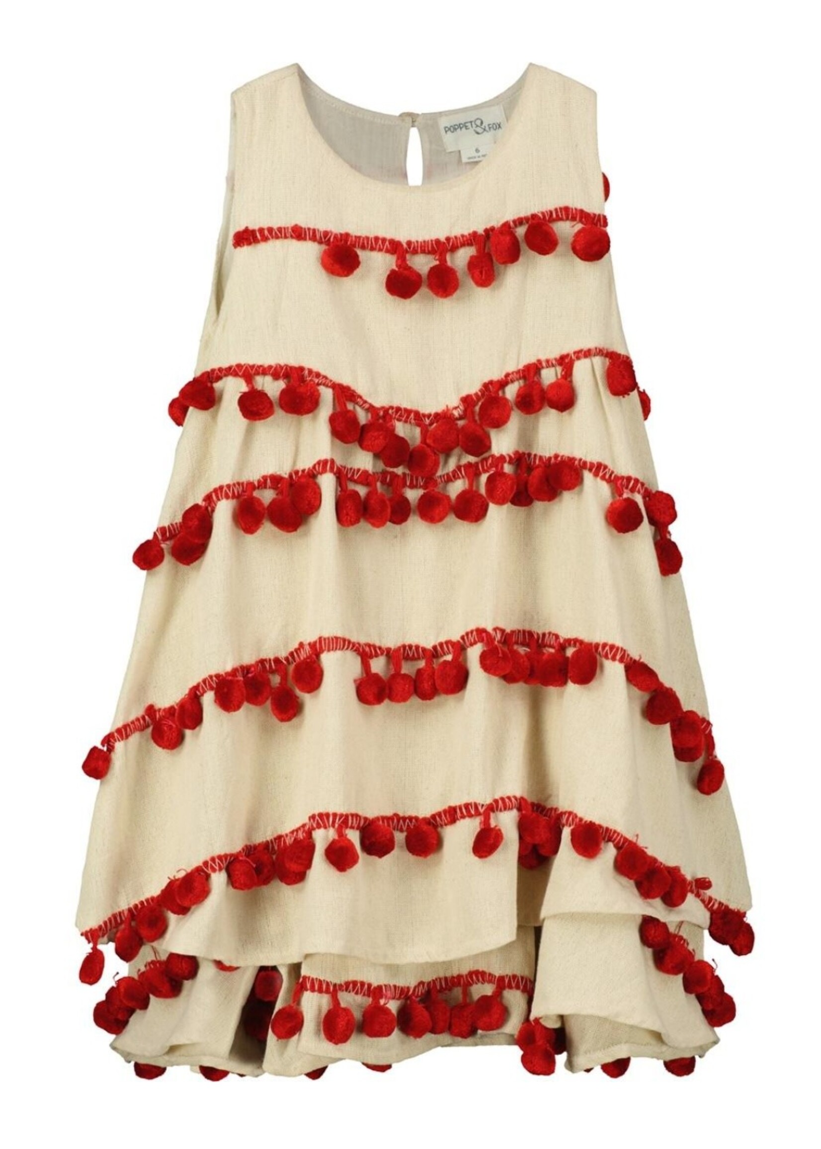 Poppet & Fox Poppet & Fox, Pretty Pom Pom Day Dress || Oatmeal Fabric with Red Pom Poms